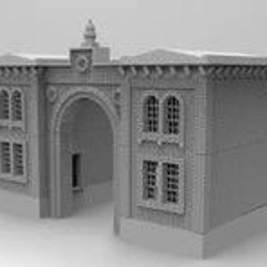 May include: A grey miniature model of a brick building with an arched entrance. The model features detailed window frames and a decorative top with a small spire. The building has a classic architectural design.