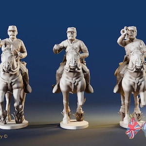 May include: Three detailed statues of soldiers on horseback, each in a different pose. One holds a sword, another gestures, and the third blows a bugle. The statues are on a white base with grass details. The background is a gradient blue.