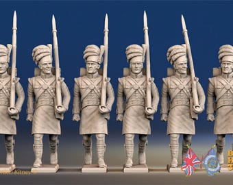 Könnte beinhalten: Sechs beige Figuren von Soldaten in historischen Uniformen, jede mit einem Gewehr. Die Figuren sind detailliert mit aufwendigen Hüten und Kleidung, vor blauem Hintergrund. Flaggen und Text sind sichtbar, was auf ein historisches Thema hindeutet.