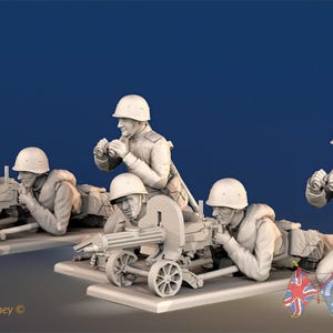May include: A set of unpainted 3D printed miniature figurines depicting soldiers in helmets operating machine guns on wheeled mounts. Some figures are prone behind the weapons, while others are kneeling and using binoculars. Text reads Battle Honours 3D.