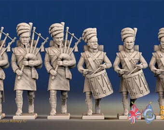 Faldas escocesas con gaitas y tambores de las Tierras Altas: impresas en 3D para juegos de guerra históricos y dioramas.