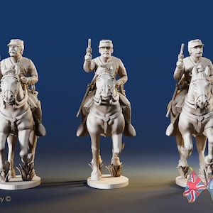 May include: Three detailed, off-white figurines of soldiers on horseback, each holding a pistol. The figures are mounted on a base with some foliage. The background is a gradient of dark blue. The text "Battle Honours 3D" is visible.