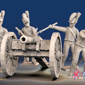 May include: A detailed 3D model of a cannon with four soldiers in historical uniforms. The soldiers are posed as if they are operating the cannon. The model is in a neutral color, with the text "Battle Honours 3D" and "Designed By Gordon Kitney" visible.