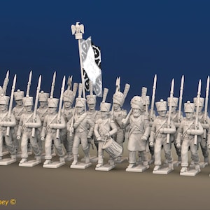 May include: A set of unpainted miniature soldier figurines arranged in a formation, each holding a rifle. One figure holds a tall flag with an eagle topper. The text "Designed By Gordon Kitney" and "BATTLE HONOURS 3D" is visible in the corners.