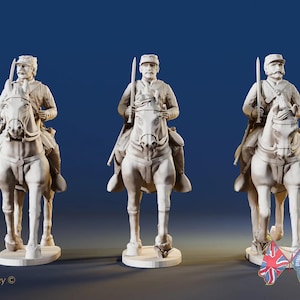 May include: Three detailed statues of soldiers on horseback, each holding a weapon. The figures are light-colored, possibly made of resin or a similar material. The background is a solid blue. The text "Battle Honours 3D" is visible.