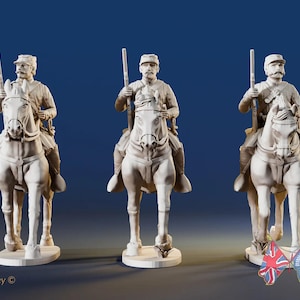 May include: Three beige equestrian statues of soldiers holding rifles, mounted on horses. The statues are on a blue background. The text "Battle Honours 3D" is visible in the lower right corner. Designed by Gordon Kitney.