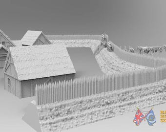 May include: A 3D printed grey miniature model set featuring several timber-framed houses with thatched roofs, a defensive wooden palisade wall, and a horse-drawn wagon. The text BATTLE HONOURS 3D is visible in the bottom right corner.