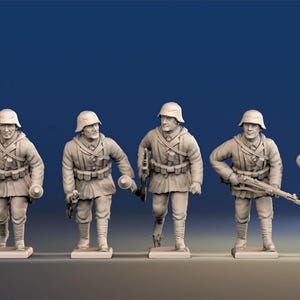 May include: Six miniature figures of soldiers in uniform, standing on individual bases. The figures are in a neutral color, with helmets, jackets, and equipment. Some figures hold rifles or grenades. The background is a solid blue.