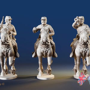 May include: Three detailed statues of soldiers on horseback, each in a different pose. One holds a rifle, another gestures, and the third blows a bugle. The statues are light-colored and set against a dark blue background. The text "BATTLE HONOURS 3D" is visible.