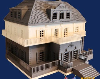 May include: A two-story miniature model house featuring a dark gray roof with dormer windows, a white middle section with a balcony, and a dark gray ground floor with a front porch and stairs. The text BATTLE HONOURS 3D is visible at the bottom.