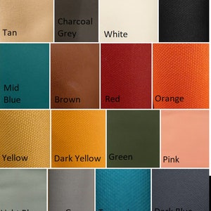 May include: A color chart with 16 different fabric swatches. The swatches are arranged in a 4x4 grid. The colors include tan, charcoal grey, white, black, mid blue, brown, red, orange, yellow, dark yellow, green, pink, light blue, grey, turquoise, and dark blue.