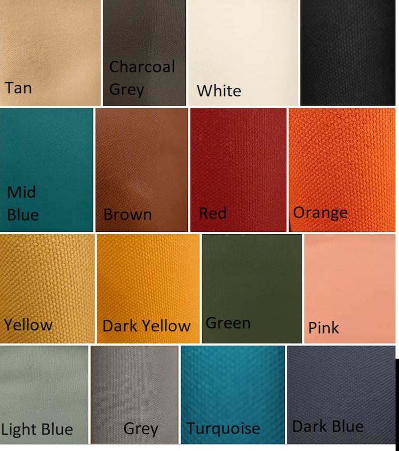 May include: A color chart with 16 different fabric swatches. The swatches are arranged in a 4x4 grid. The colors include tan, charcoal grey, white, black, mid blue, brown, red, orange, yellow, dark yellow, green, pink, light blue, grey, turquoise, and dark blue.