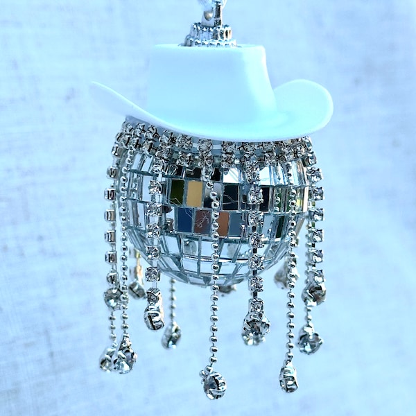 Cowboy disco ball with cowboy hat party favor for woman cowgirl rearview mirror charm car rhinestone fringe cowboy hat bachelorette party