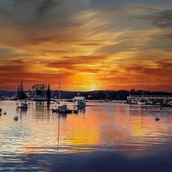 Sunrise Boothbay Harbor Print, Scenic Waterfront View Photography, Nautical Travel Canvas Wall Artwork for Office or Home Decor