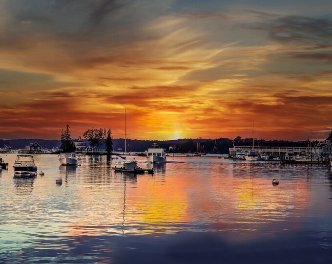 Sunrise Boothbay Harbor Print, Scenic Waterfront View Photography, Nautical Travel Canvas Wall Artwork for Office or Home Decor