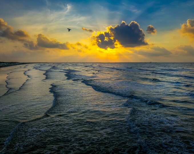 Scalloped Waves Texas Beach Sunrise Print, Gulf of Mexico Port Aransas Wall Art, Beautiful Coastal Home Decor for Spring, Beach & Ocean View