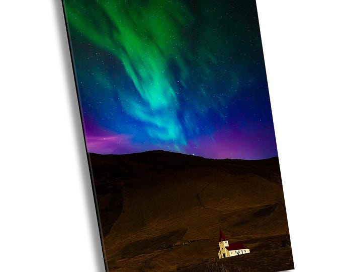 White Church with Northern Lights, Aurora Canvas Northern Lights Wall Art Picture, Aurora Scenic Print Artwork for Home or Office Wall Decor