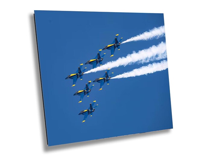 Blue Angels Triangle Formation Photo Print - F-16 Jets in High-Speed Air Show Acrobatics Wall Art for Home, Office, and Aviation Enthusiasts