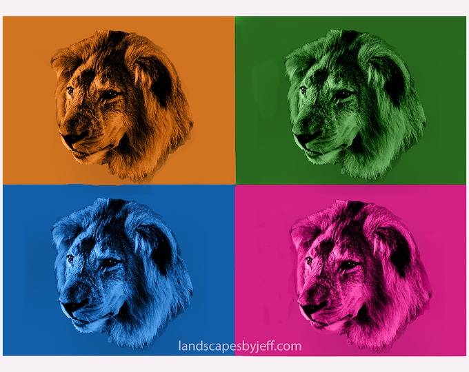 The Lion Head Portrait, Andy Warhol Style Canvas Art for Unique Pop Decor, Wildlife Wall Artwork, Perfect Gift for Office or Home Decor