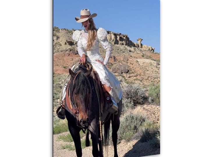 Cowgirl getting married 3, wedding, horse, white dress, beautiful countryside, Wyoming