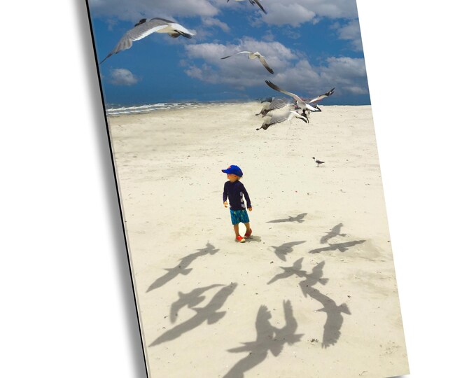 Young Boy Surrounded by Seagulls on Beach Canvas Print, Sand, Birds and Childhood Memories Wall Art, Port Aransas Photography Decor for Home