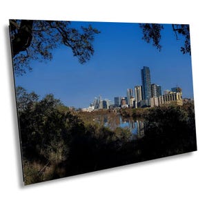 Austin Through The Trees Photography, Lady Bird Lake Cityscape View Print - Scenic Urban City Photo Print Wall Art Decor for Home or Office