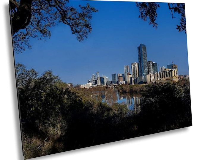 Austin Through The Trees Photography, Lady Bird Lake Cityscape View Print - Scenic Urban City Photo Print Wall Art Decor for Home or Office