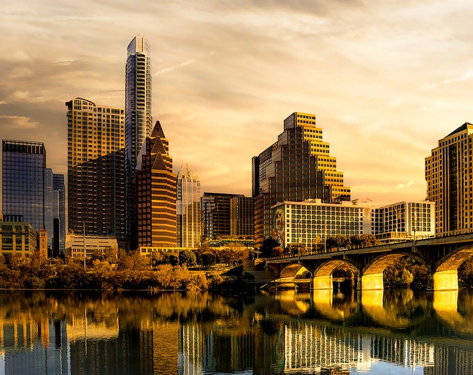 Rusty Morning in Austin Skyline Canvas Print, Lady Bird Lake Reflections Wall Art, Texas Capital City Photography for Home or Office Decor