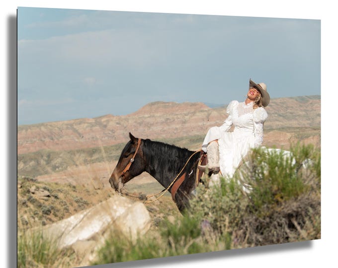 Cowgirl getting married, wedding, horse, white dreee, beautiful countryside, Wyoming