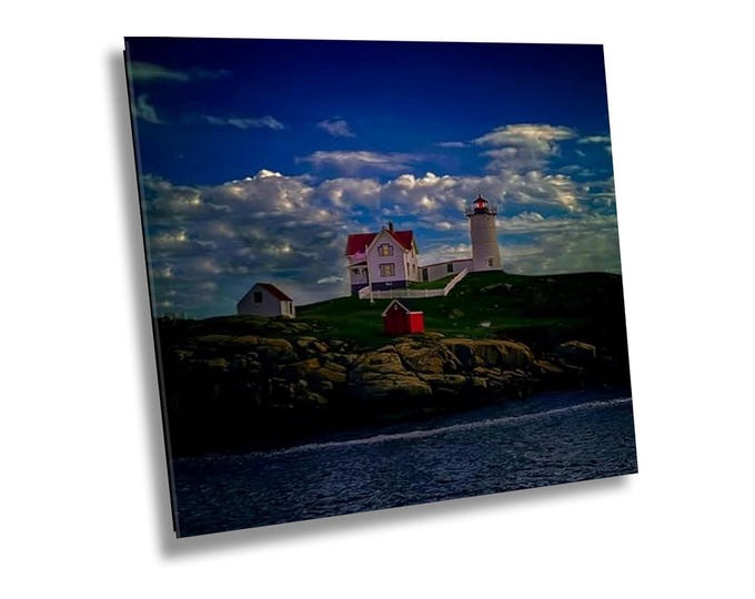 Lighthouse at Dusk Wall Print, Maine Nautical Photography Print, Tranquil Sunset Scenic View Canvas Wall Art for Office or Home Room Decor