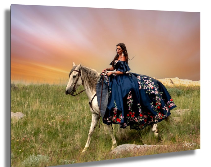Riding in my new gear, white horse, blue dress, beautiful countryside, Wyoming