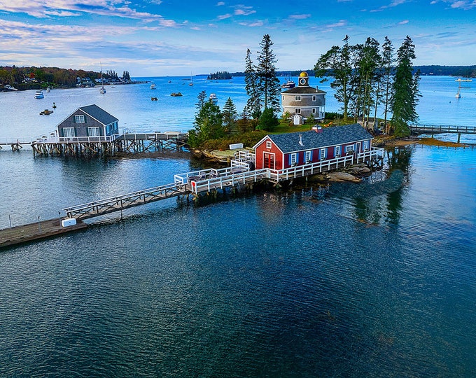 Red Boat House Canvas Wall Art, Boothbay Harbor Maine Waterfront Photo Print, Scenic Canvas Picture Artwork for Office or Home Decor