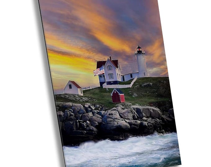 Maine Lighthouse Print, Maine Nautical Photography Print, Tranquil Sunset Scenic View Canvas Wall Art for Office or Home Room Decor