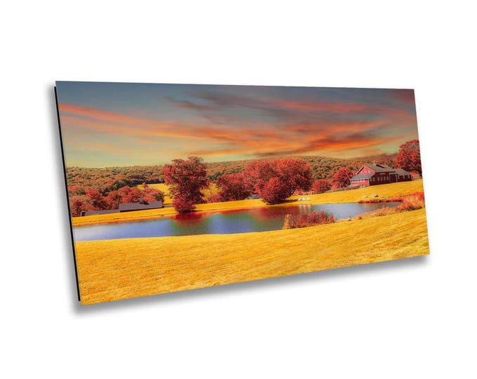 Autumn Sunset Farm Wall Art, Golden Fields Red Barn Pond in Fall Landscape Photography, Scenic Connecticut Country Decor for Home, Farmhouse