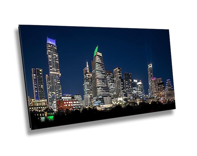 Blue Hour Nightscape Wall Art, Austin Aerial City Photography, Vibrant Urban Lights Canvas Photography Print for Office or Home Decor
