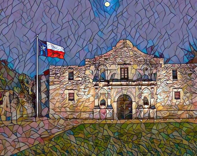 The Alamo in Moonlight Mosaic Canvas Wall Art, Captivating Nighttime Skyline Photography, Texas Historical Landmark, Cityscape Artwork Decor