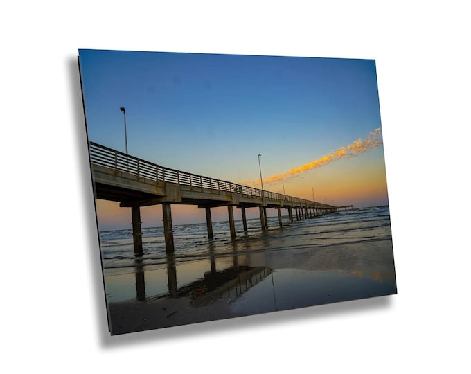 Port Aransas Pier Sunrise Wall Art, Wooden Pier Over Gulf of Mexico with Vibrant Sky Reflections, Coastal Photography for Home, Office Decor
