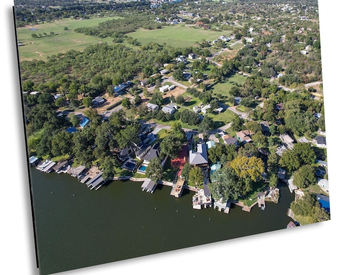 Aerial Lake Community Wall Art - Serene Waterfront Homes Landscape Print - Rural Neighborhood Houses Nature Photography Decor