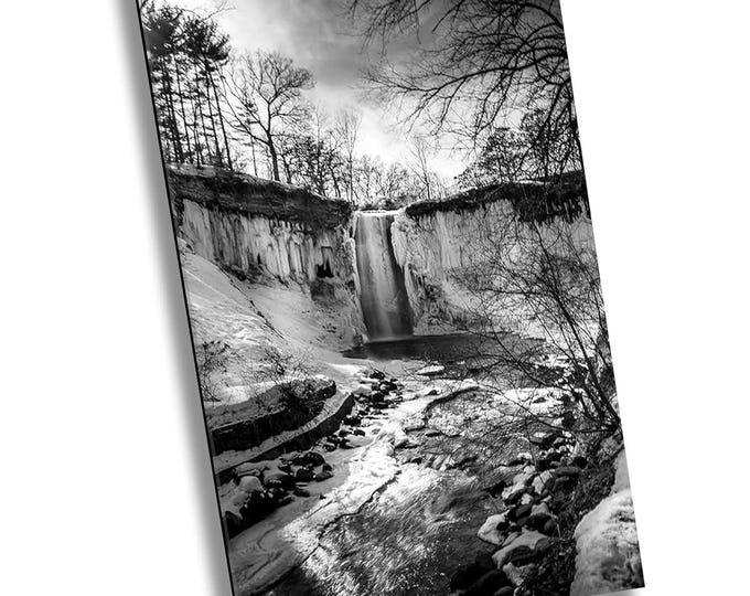 Minnehaha Falls in Black and White Canvas Wall Art, Modern Icy Nature Picture Print, Inspirational Photography Art for Office or Home Decor