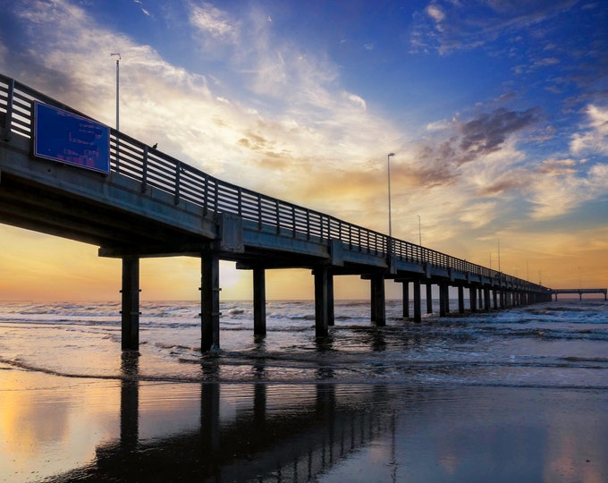 Port Aransas Pier Sunrise Print, Mexico Gulf View Texas Coastal Photography, Pier at Dawn Wall Art for Beach House,Living Room, Office Decor