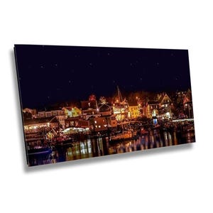 Boothbay Harbor Night View - Coastal Maine Canvas Wall Art, Harbor Seaside Lights Photography, Evening Coastal Home or Office Decoration