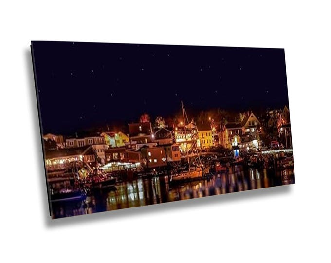 Boothbay Harbor Night View - Coastal Maine Canvas Wall Art, Harbor Seaside Lights Photography, Evening Coastal Home or Office Decoration