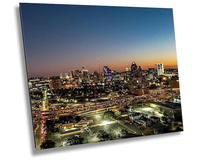 SAT Sundown, San Antonio Skyline Canvas Print , Aerial Cityscape Wall Art, Texas City Lights Night Photography for Office or Home Art Decor