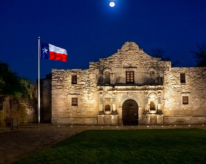 The Alamo in Moonlight Canvas Wall Art, Captivating Nighttime Skyline Photography, Texas Historical Landmark, Cityscape Artwork Room Decor