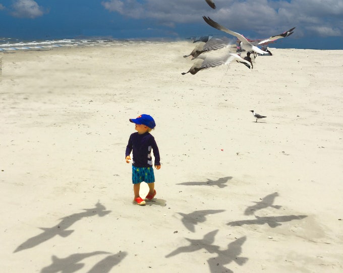 Young Boy Surrounded by Seagulls on Beach Canvas Print, Sand, Birds and Childhood Memories Wall Art, Port Aransas Photography Decor for Home