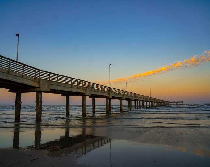 Port Aransas Pier Sunrise Wall Art, Wooden Pier Over Gulf of Mexico with Vibrant Sky Reflections, Coastal Photography for Home, Office Decor