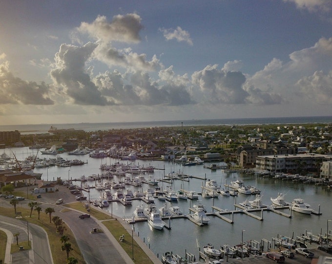 Port Aransas Marina Sunrise Wall Art - Coastal Texas Aerial Photography Print - Boats, Gulf Reflections, and Scenic Beach Landscape Decor