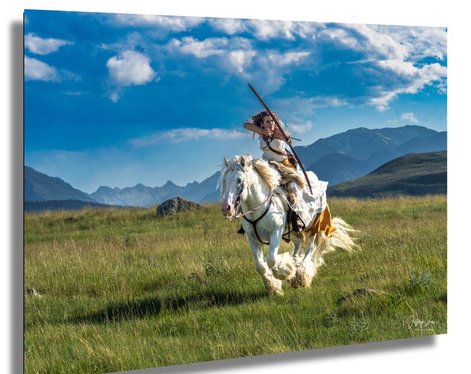 Aim - Fire, white horse, western dress, beautiful countryside, Wyoming