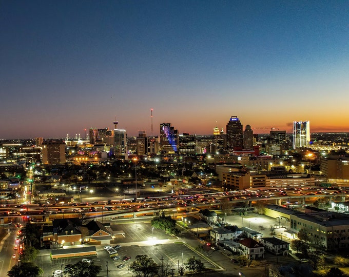 SAT Sundown, San Antonio Skyline Canvas Print , Aerial Cityscape Wall Art, Texas City Lights Night Photography for Office or Home Art Decor