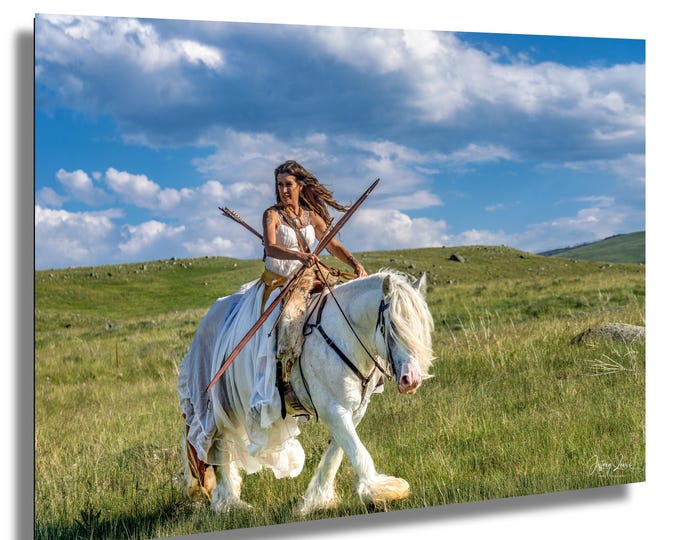 Hunting In The Meadow, white horse, western dress, beautiful countryside, Wyoming